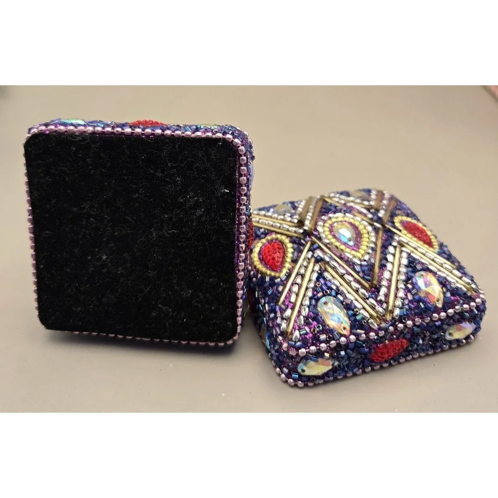 Mini Purple Tin Trinket Box Purple Beading Jeweled Vintage Pier One Imports B#36